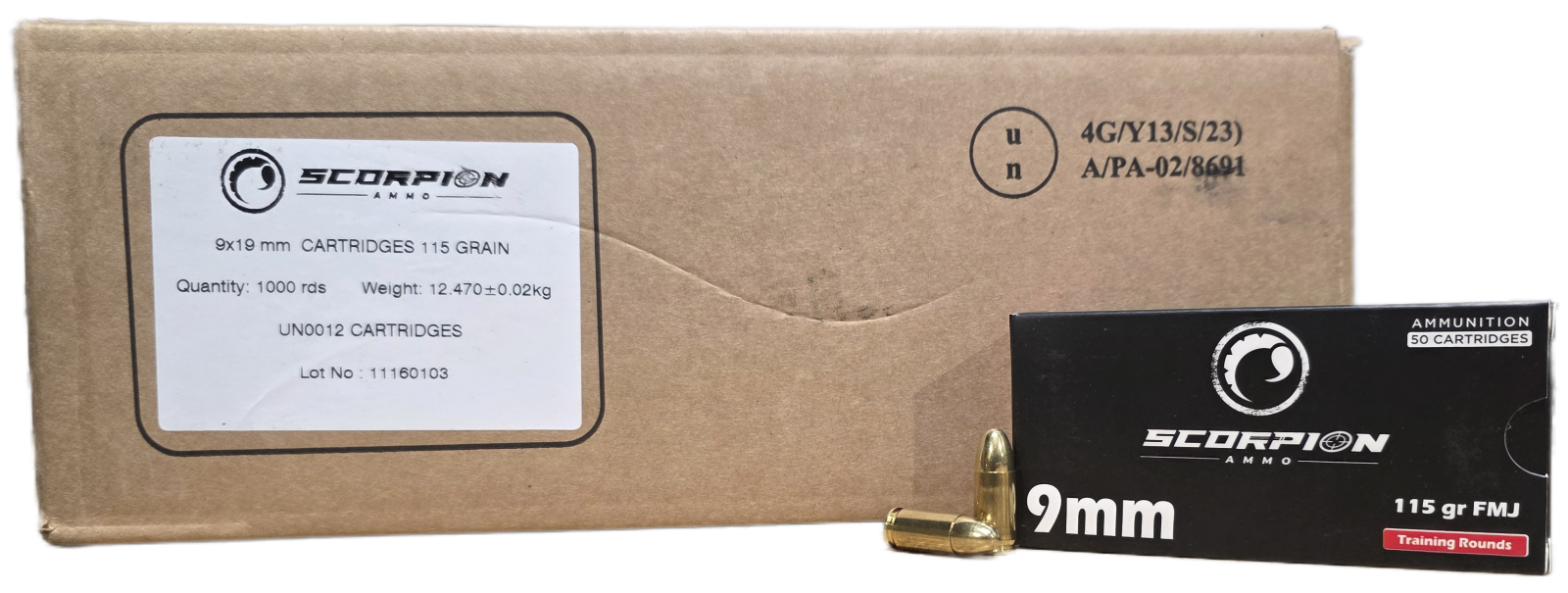 Scorpion Ammo 9mm 115gr FMJ 1000rd Case